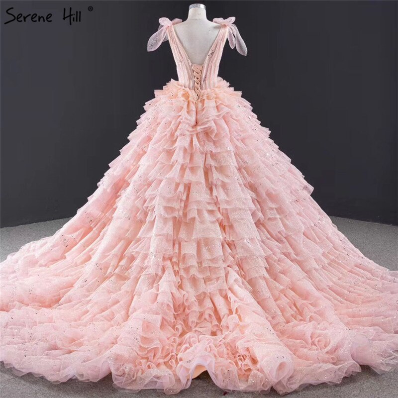 Pink Sleeveless Bow Tiered Sexy Wedding Dresses 2025 Sequined Sparkle Lace Up Bridal Gowns HM67033 Custom Made