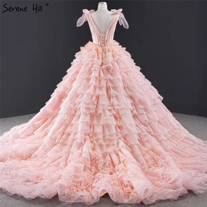 Vestidos de novia sexys con capas, sin mangas y lazo en color rosa, 2025, con lentejuelas y encaje brillante, HM67033, hechos a medida