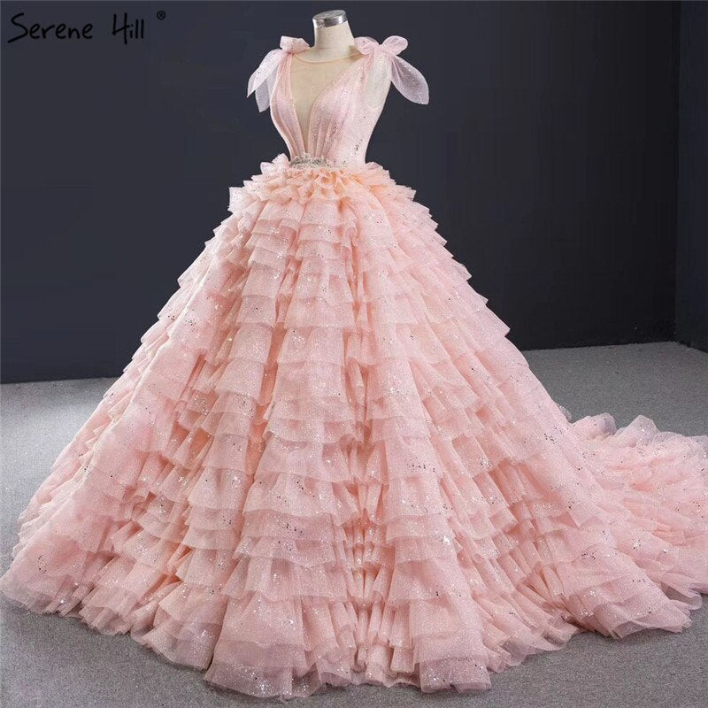 Vestidos de novia sexys con capas, sin mangas y lazo en color rosa, 2025, con lentejuelas y encaje brillante, HM67033, hechos a medida