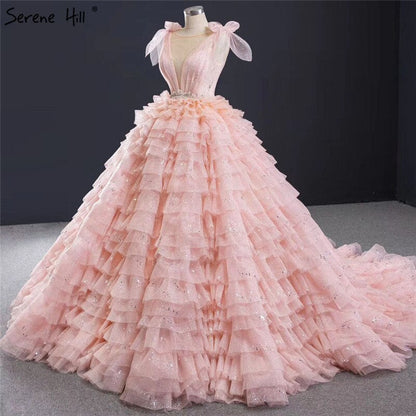 Vestidos de novia sexys con capas, sin mangas y lazo en color rosa, 2025, con lentejuelas y encaje brillante, HM67033, hechos a medida