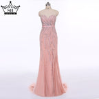 En oferta, sin devolución ni reembolso. Vestido de noche rosa sin tirantes, estilo sirena, sexy, largo, con cuentas, elegante, de tul, 2025 LA6389. 