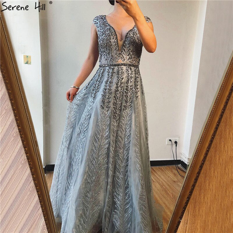 Vestidos de noche largos rosas con escote en V, encaje, cuentas y cristales, sin mangas, corte A, LA70225 