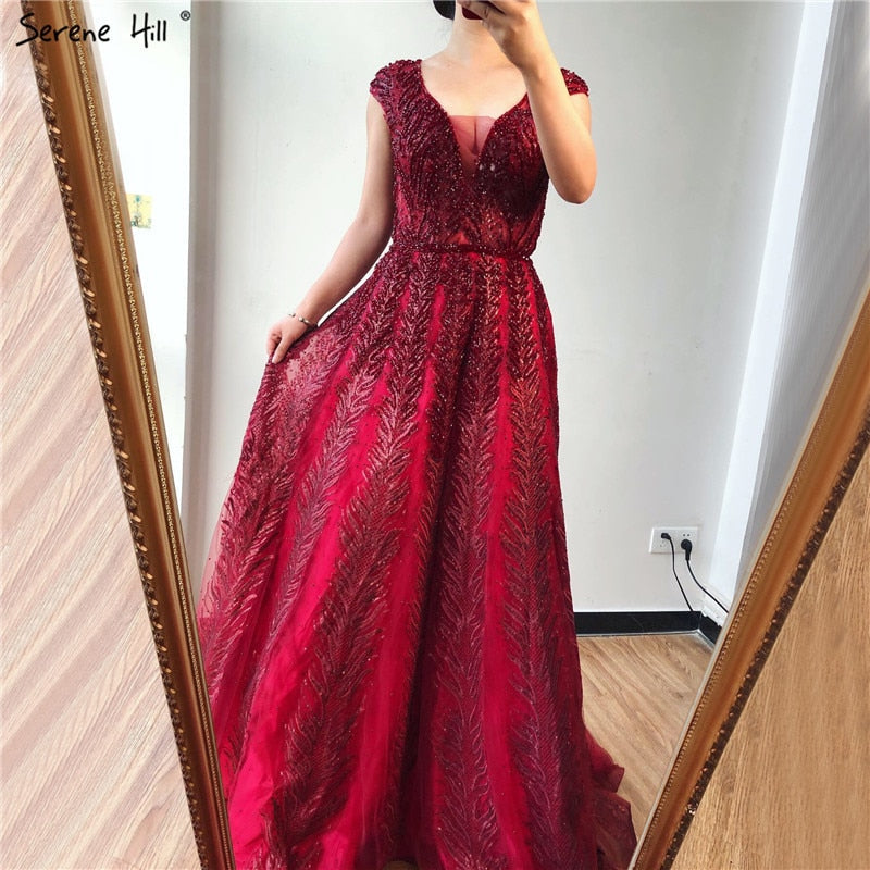 Vestidos de noche largos rosas con escote en V, encaje, cuentas y cristales, sin mangas, corte A, LA70225 