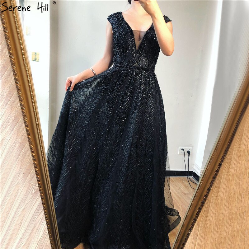 Vestidos de noche largos rosas con escote en V, encaje, cuentas y cristales, sin mangas, corte A, LA70225 