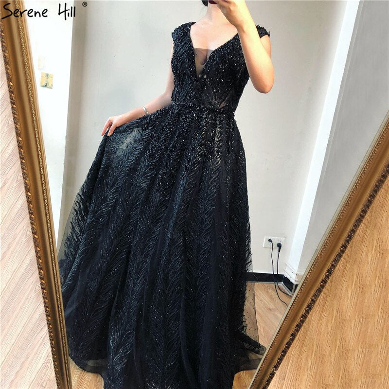 Vestidos de noche largos rosas con escote en V, encaje, cuentas y cristales, sin mangas, corte A, LA70225 