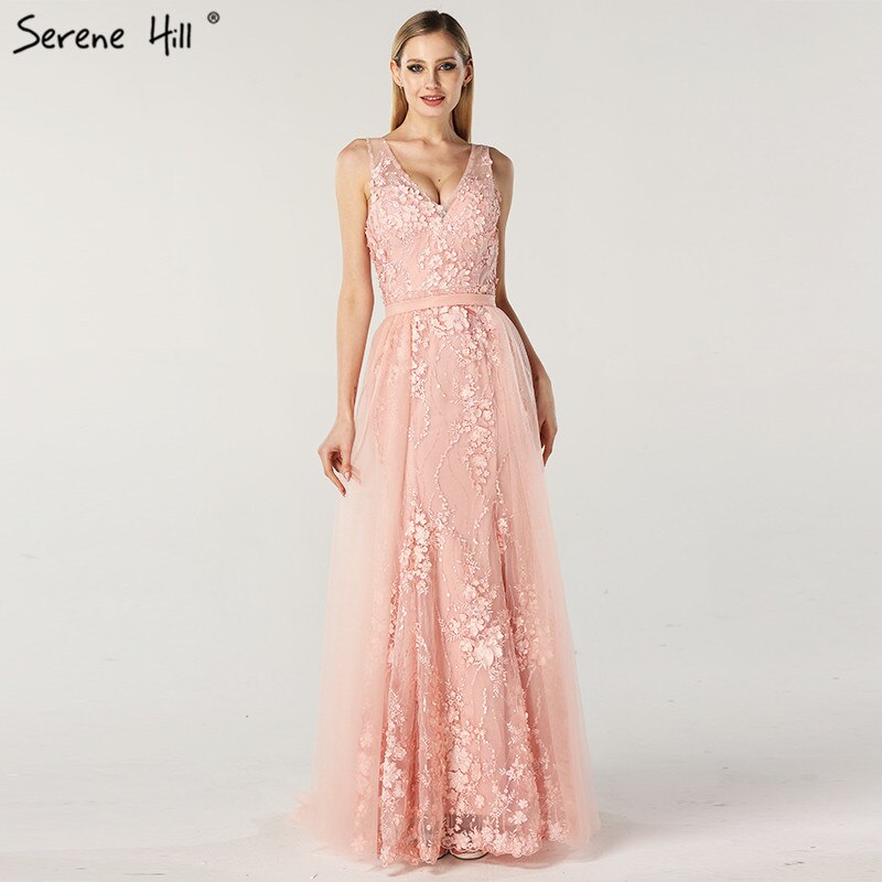 En oferta, sin devoluciones ni reembolsos, vestidos de noche estilo sirena con escote en V en color rosa, estilo Dubái, sin mangas, hechos a mano, con flores y perlas, LA60737