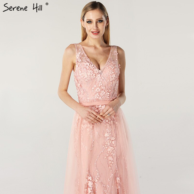 En oferta, sin devoluciones ni reembolsos, vestidos de noche estilo sirena con escote en V en color rosa, estilo Dubái, sin mangas, hechos a mano, con flores y perlas, LA60737