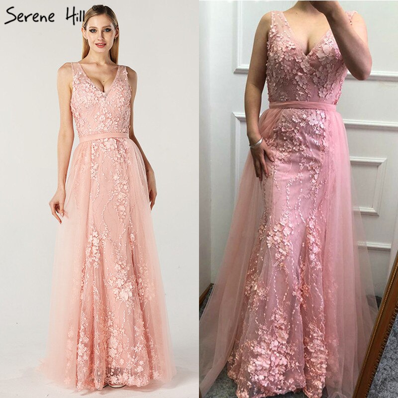 En oferta, sin devoluciones ni reembolsos, vestidos de noche estilo sirena con escote en V en color rosa, estilo Dubái, sin mangas, hechos a mano, con flores y perlas, LA60737