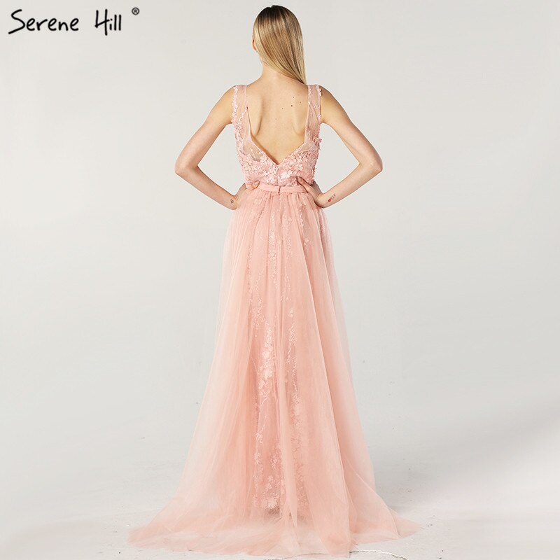 En oferta, sin devoluciones ni reembolsos, vestidos de noche estilo sirena con escote en V en color rosa, estilo Dubái, sin mangas, hechos a mano, con flores y perlas, LA60737