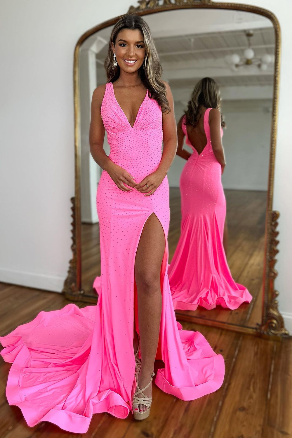 Mermaid V-Neck Sweep Train Beaded Prom Dress With Split