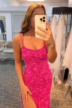 Glitter Sequin Prom Dress with Slit Scoop Neck Prom Dress SYP171