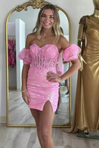 Rosa trägerloses, figurbetontes Homecoming-Kleid mit Applikationen und Ärmeln PD542