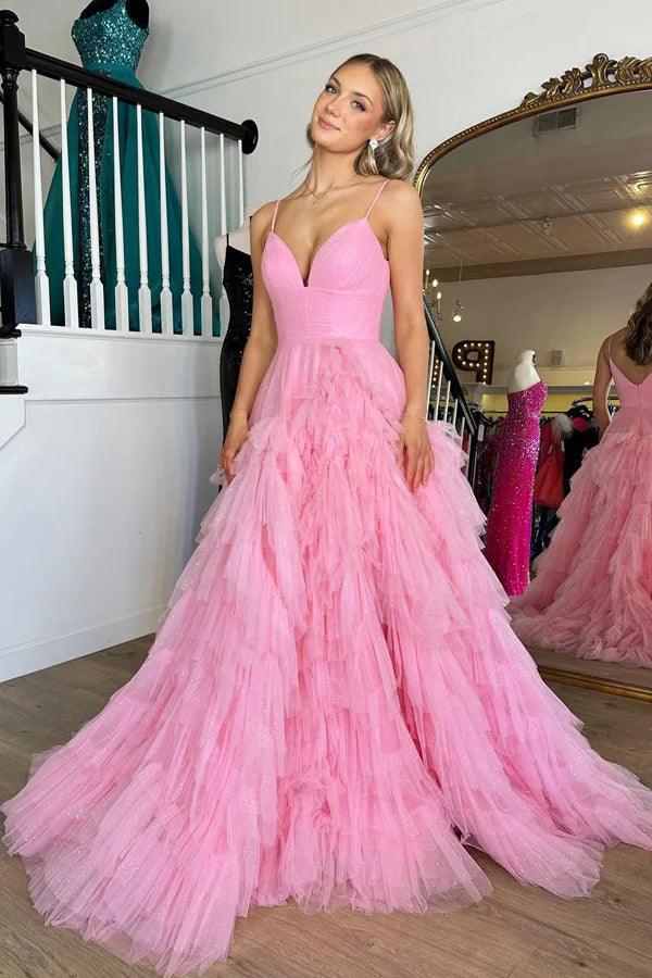 Rosa Ballkleid mit V-Ausschnitt, Empire-Taille, Stufen und Rüschen, PSK409