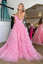 Rosa Ballkleid mit V-Ausschnitt, Empire-Taille, Stufen und Rüschen, PSK409