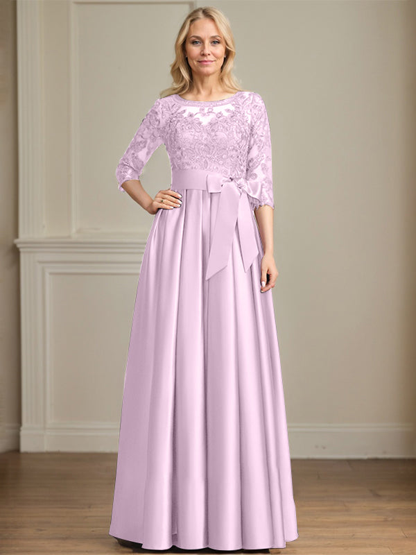 Vestido de madre de la novia de satén con encaje, corte A, escote ilusión, largo hasta el suelo, con lazo de lentejuelas