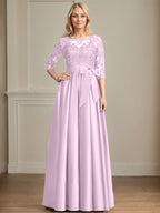 Vestido de madre de la novia de satén con encaje, corte A, escote ilusión, largo hasta el suelo, con lazo de lentejuelas