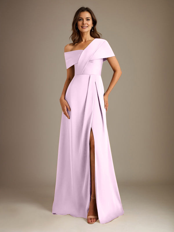 A-Line Asymmetrical Neckline Floor-Length Satin Mother of the Bride Dress With Pleated