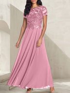 Vestido largo de madre de la novia con escote redondo, corte A, color gris carbón y cuentas