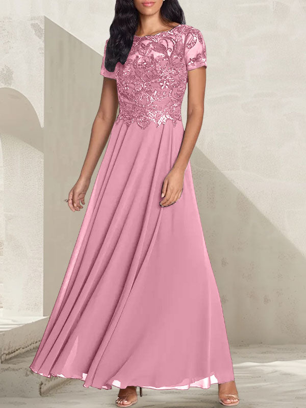Vestido largo de madre de la novia con escote redondo, corte A, color gris carbón y cuentas