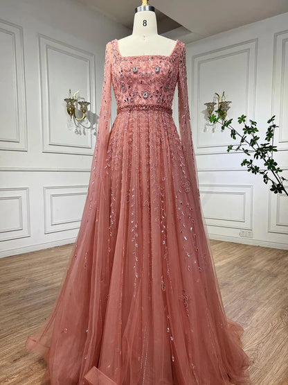 Muslimisches karamellfarbenes, perlenbesetztes A-Linien-Abendkleid mit Cape-Ärmeln LA71803A 