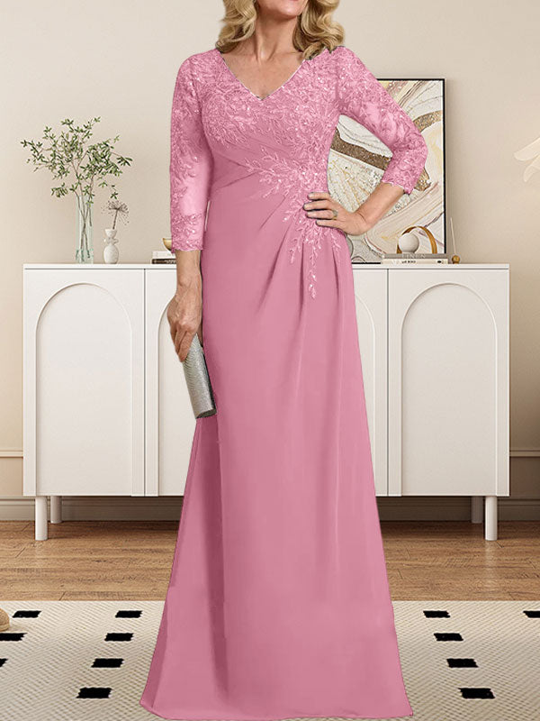 Vestido de madre de la novia de gasa con encaje, escote en V, ilusión, largo hasta el suelo, con lentejuelas plisadas