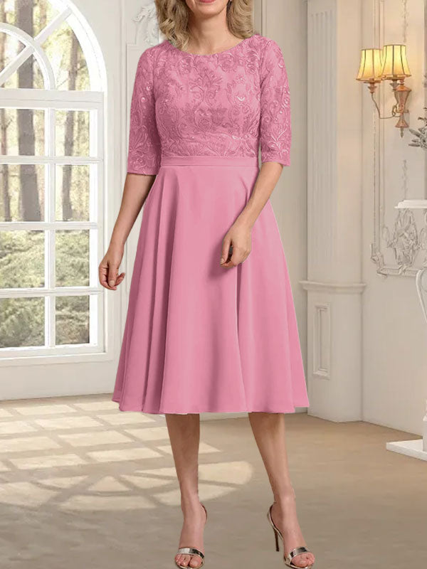 Vestido de gasa con encaje y escote redondo hasta la rodilla para madre de la novia