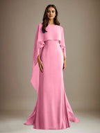 Vestido de gasa para madre de la novia, largo hasta el suelo, con escote barco y corte tubo/columna y volantes en cascada