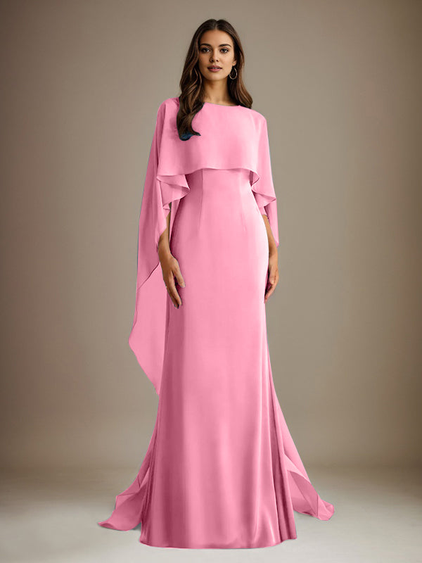 Vestido de gasa para madre de la novia, largo hasta el suelo, con escote barco y corte tubo/columna y volantes en cascada