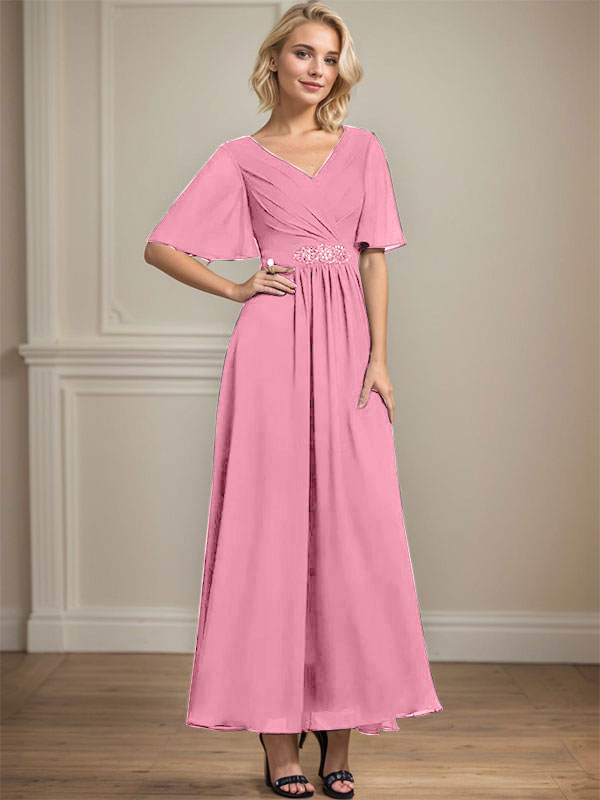 Vestido de gasa para madre de la novia con escote en V, largo hasta los tobillos, corte A y lentejuelas plisadas con cuentas