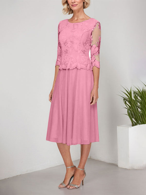 Vestido de gasa con encaje y bordado para madre de la novia, corte A, escote redondo y largo hasta la rodilla