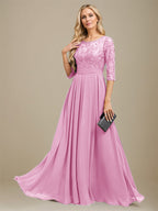 Vestido de madre de la novia de gasa con encaje, corte A, largo hasta el suelo y apliques de lentejuelas