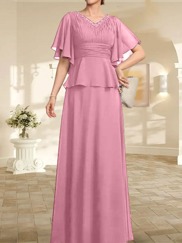 A-Linien-Kleid aus Chiffon mit V-Ausschnitt und bodenlangem Schnitt für die Brautmutter mit plissierten Perlen