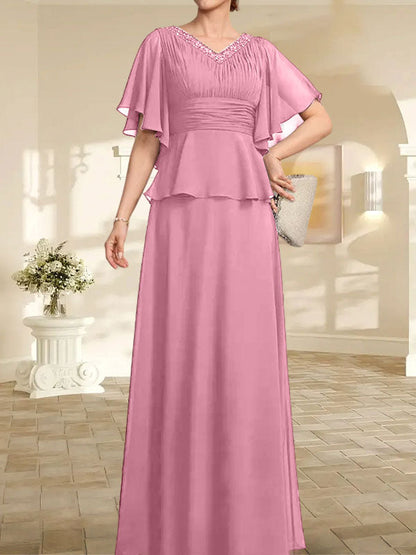 A-Linien-Kleid aus Chiffon mit V-Ausschnitt und bodenlangem Schnitt für die Brautmutter mit plissierten Perlen