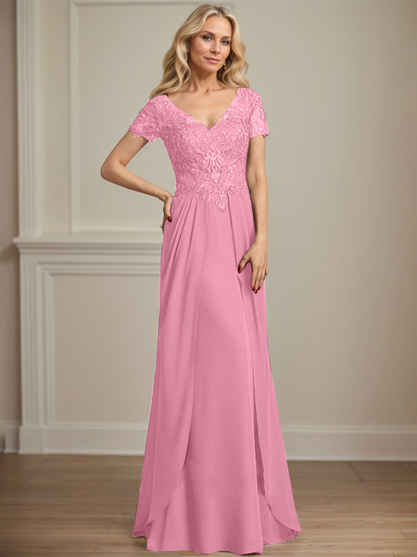 Vestido de gasa con encaje y escote en V hasta el suelo para madre de la novia