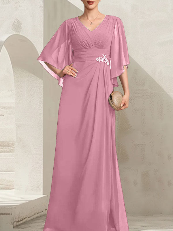 Etui-Linie/Säule V-Ausschnitt Bodenlang Chiffon Kleid für die Brautmutter mit Plissee Pailletten Perlenbesatz