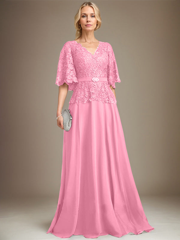 A-Linie V-Ausschnitt Bodenlanges Chiffon-Spitzenkleid für die Brautmutter mit Kristallbrosche und Strass 