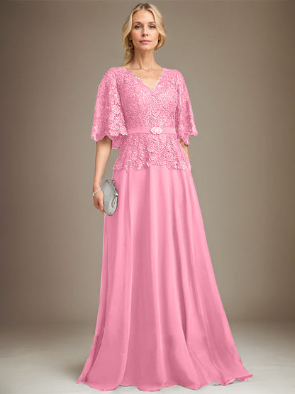 A-Linie V-Ausschnitt Bodenlanges Chiffon-Spitzenkleid für die Brautmutter mit Kristallbrosche und Strass 