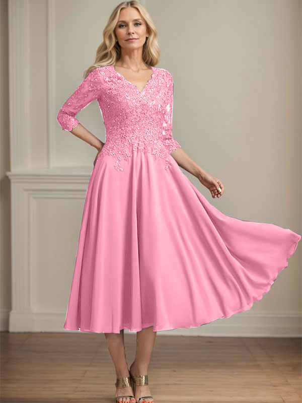 A-Linie V-Ausschnitt Wadenlanges Chiffon-Spitzenkleid für die Brautmutter mit Perlen und Pailletten 