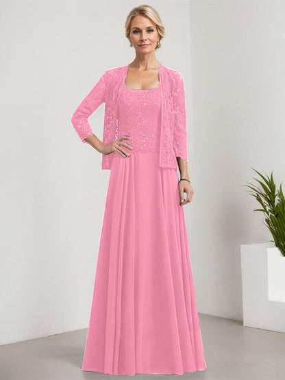 A-Linie Quadratisches Bodenlanges Spitzen-Chiffon-Kleid für die Brautmutter mit Pailletten 