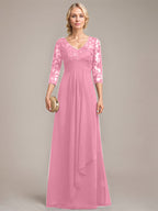 A-Linie V-Ausschnitt Bodenlanges Spitzen-Chiffon-Kleid für die Brautmutter mit kaskadierenden Rüschen und Pailletten 