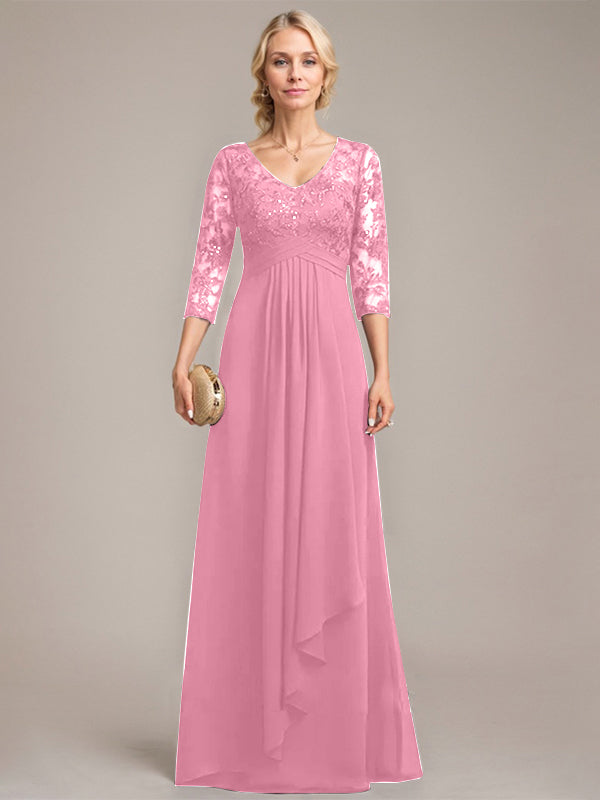 Vestido de madre de la novia de gasa con encaje, escote en V, largo hasta el suelo, con volantes en cascada y lentejuelas