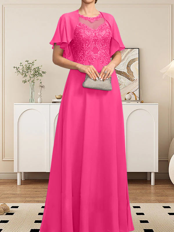 Vestido de gasa con encaje y lentejuelas para madre de la novia, corte A, escote ilusión, largo hasta el suelo