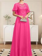 Vestido de gasa con encaje y lentejuelas para madre de la novia, corte A, escote ilusión, largo hasta el suelo