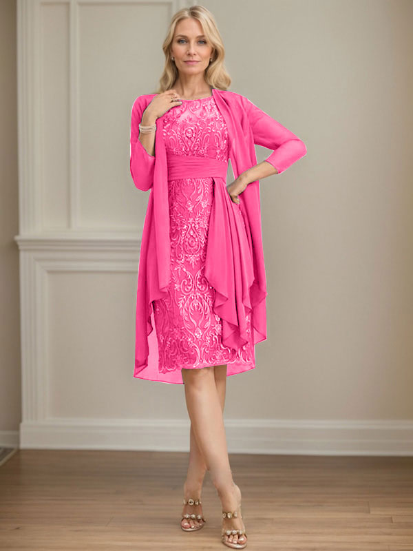 Vestido de madre de la novia de gasa con encaje, escote redondo, ilusión, largo hasta la rodilla, con volantes en cascada y lentejuelas
