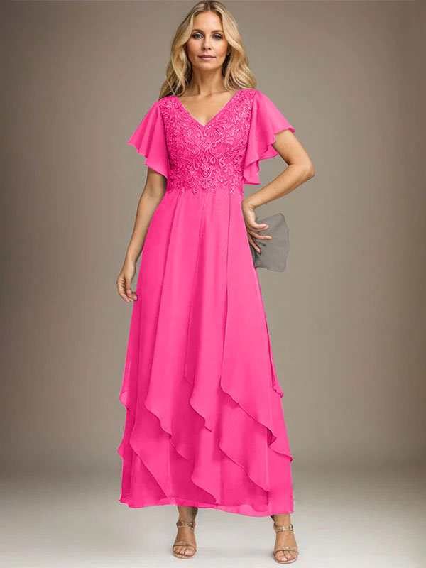 Vestido de gasa con encaje y escote en V hasta los tobillos para madre de la novia con volantes en cascada