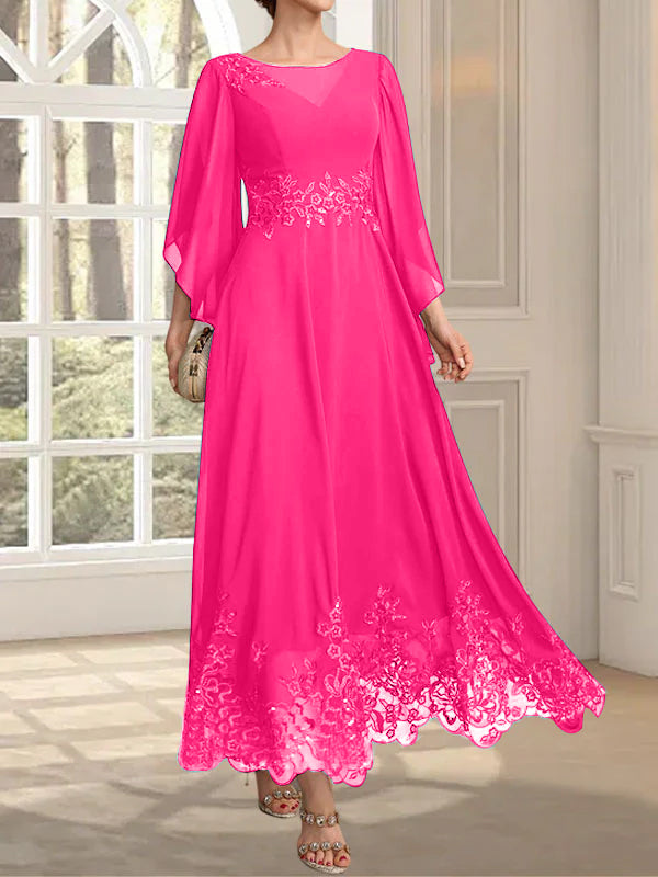Vestido de gasa con encaje y lentejuelas para madre de la novia, corte A, escote ilusión, largo hasta los tobillos