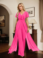 Vestido de noche de gasa con escote en V y largo hasta el suelo, tipo mono/pantalón