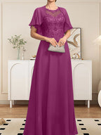 Vestido de gasa con encaje y lentejuelas para madre de la novia, corte A, escote ilusión, largo hasta el suelo