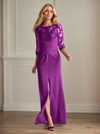 Vestido para madre de la novia de crepé elástico con encaje color ciruela