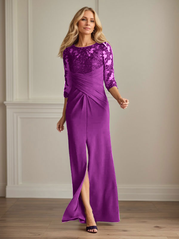 Vestido para madre de la novia de crepé elástico con encaje color ciruela